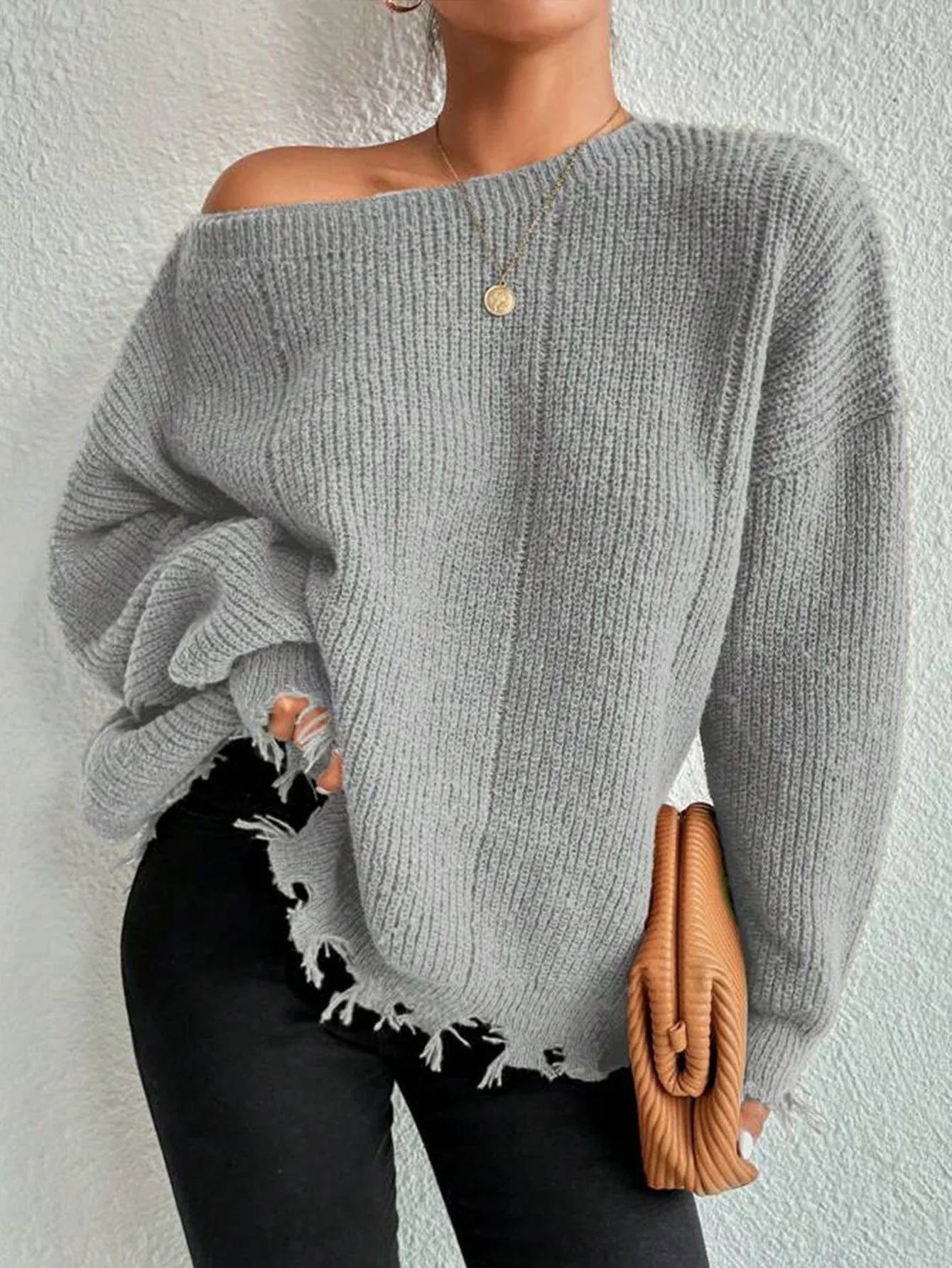 Oversized Distressed Knit Sweater - View 8 | TEVQA