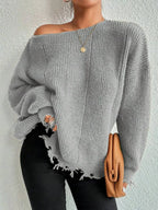 Oversized Distressed Knit Sweater - View 8 | TEVQA