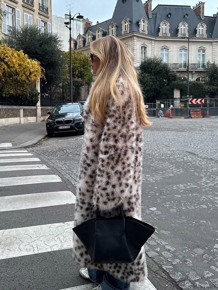 Vintage Leopard Print Long Faux Fur Coat - TEVQA
