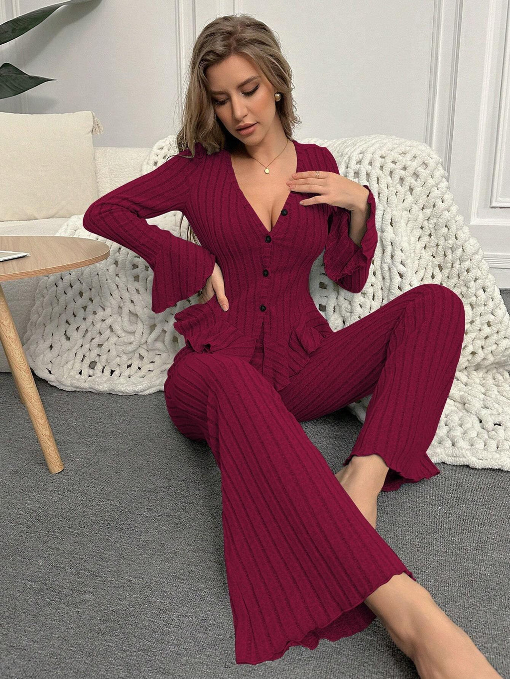 Ribbed Peplum Knit Lounge Set - View 13 | TEVQA