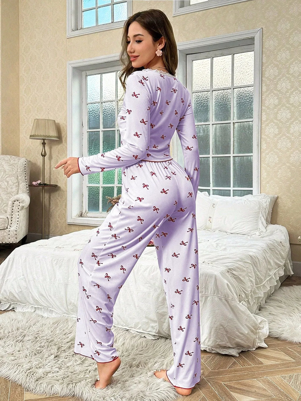 Ribbed pajama set with bow print and v-neckline - View 20 | TEVQA