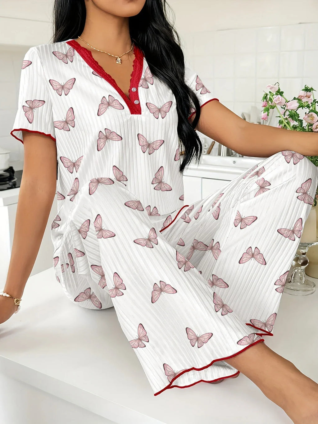 Ribbed Heart Print Lounge Set - View 7 | TEVQA