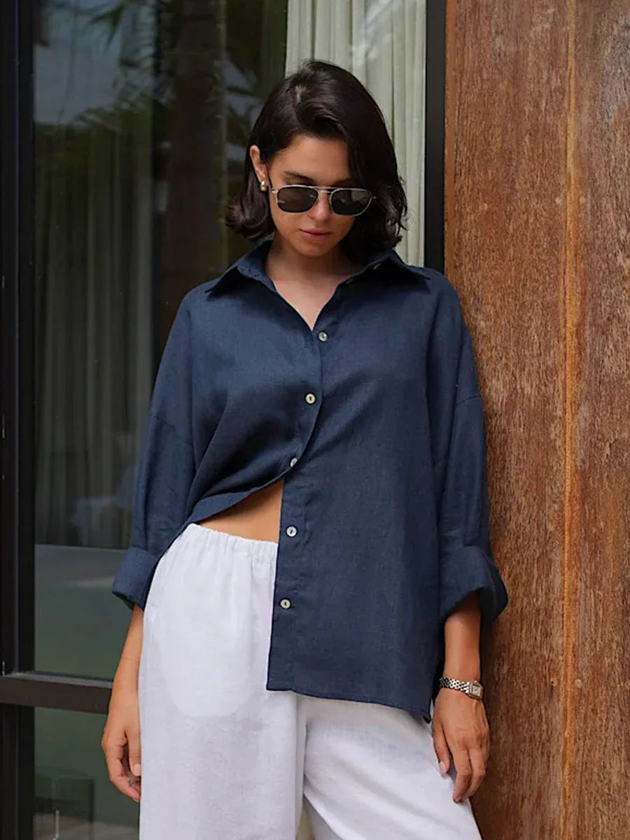 Effortless 100% Cotton Oversized Button Down Shirt - TEVQA