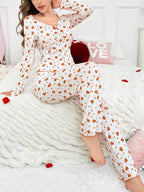 Ribbed Heart Print Pajama Set - View 21 | TEVQA