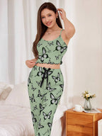 Ribbed cami and pants pajama set with butterfly print - View 19 | TEVQA
