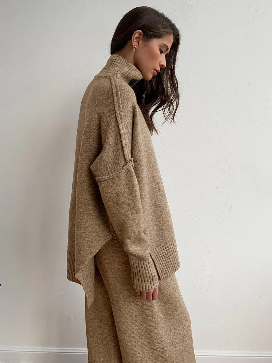 Turtleneck & Wide Leg Knit Two-Piece Set - TEVQA
