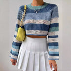 Striped crochet crop sweater - View 6 | TEVQA