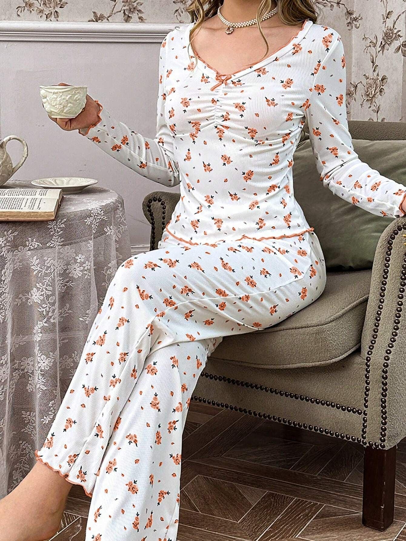Coquette Ditsy Floral Ribbed Knit Pajama Set