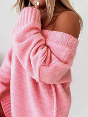 Soft Pink Off-Shoulder V-Neck Sweater