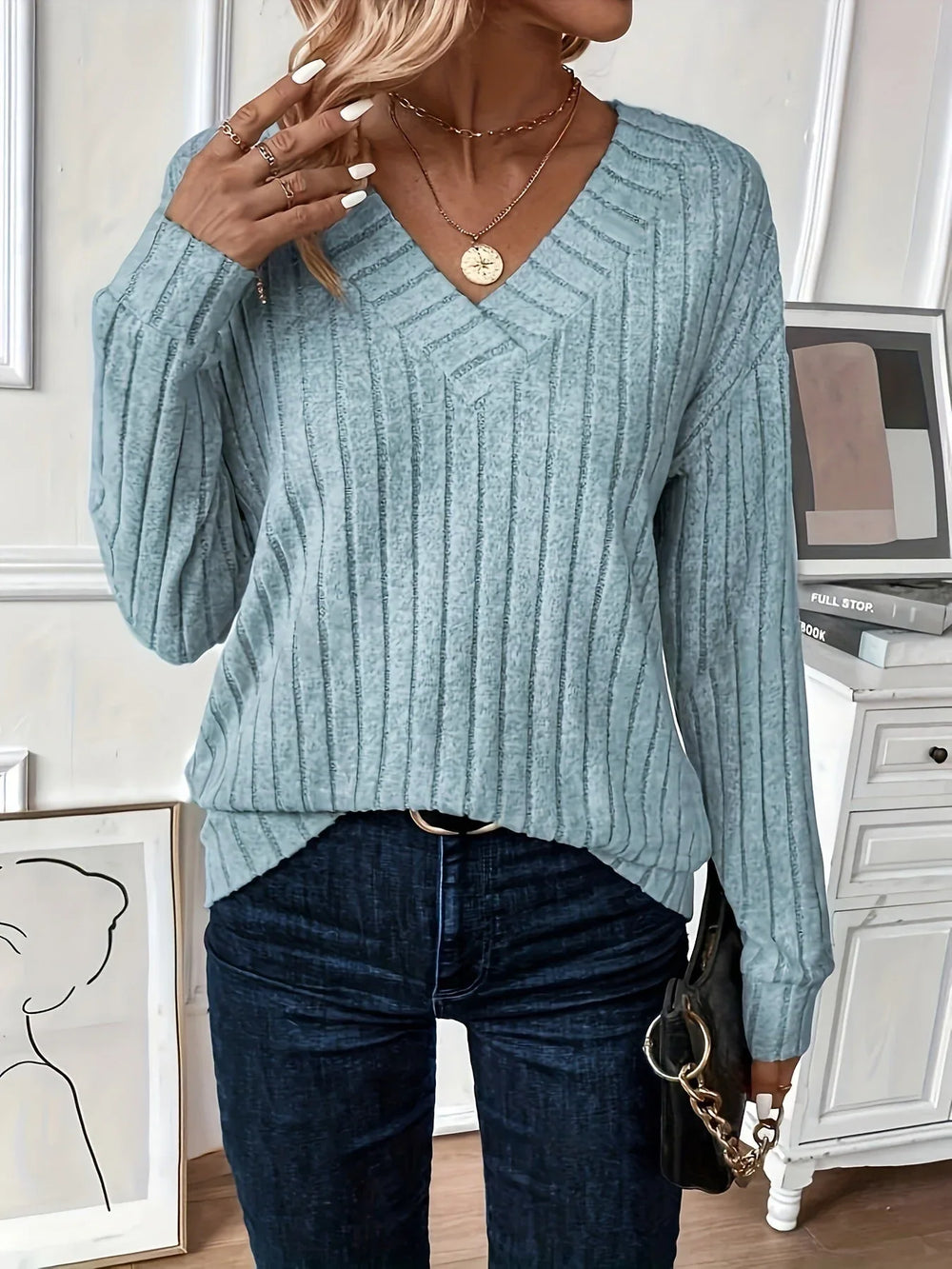 Wide Ribbed V-Neck Knit Top - View 8 | TEVQA