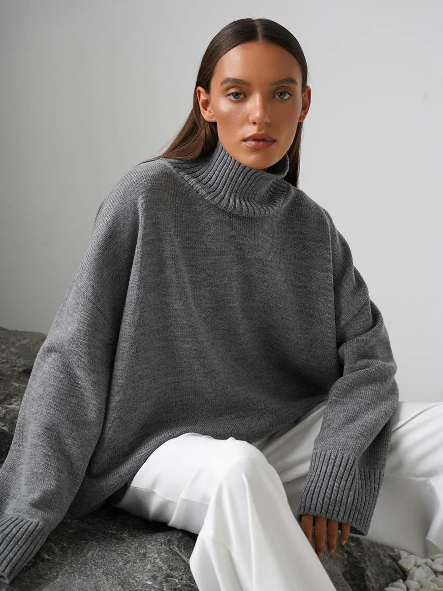Effortless Oversized High-Neck Ribbed Knit Sweater - TEVQA