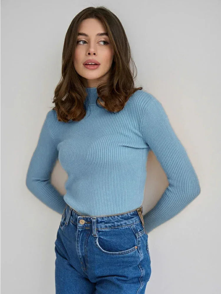 Essential Soft Ribbed Mock Neck Sweater - TEVQA