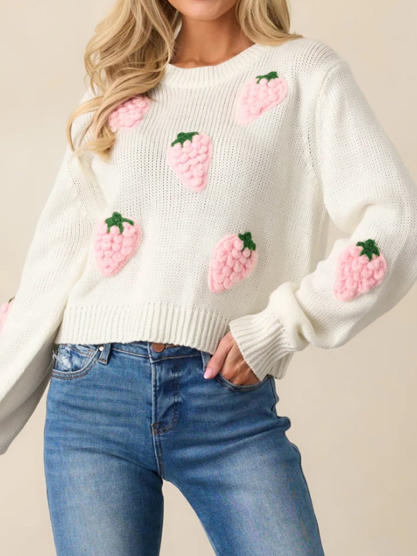 Sweet 3D Strawberry Applique Sweater