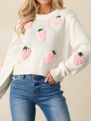Sweet 3D Strawberry Applique Sweater