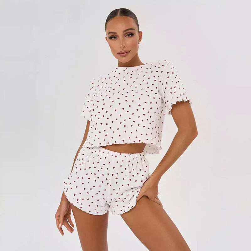 Ditsy Heart Print Ribbed Tee & Shorts Set - View 27 | TEVQA