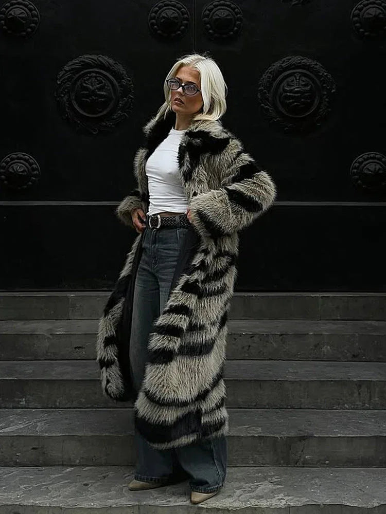 Vintage Zebra Stripe Faux Fur Long Coat - TEVQA Main image