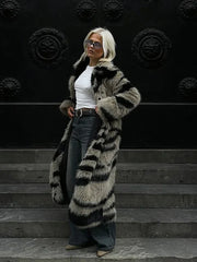 Vintage Zebra Stripe Faux Fur Long Coat - TEVQA