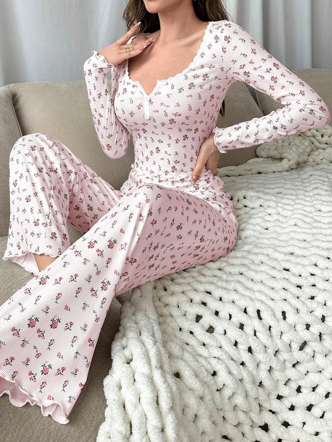 Coquette Ditsy Floral Ribbed Henley Pajama Set