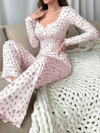 Ditsy floral ribbed henley pajama set - View 11 | TEVQA