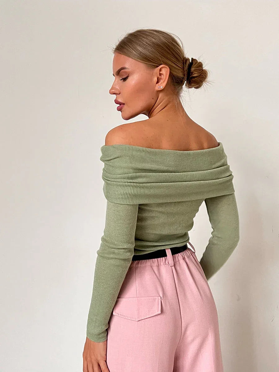 Fold-Over Off-Shoulder Knit Top - TEVQA