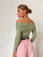 Fold-Over Off-Shoulder Knit Top - TEVQA