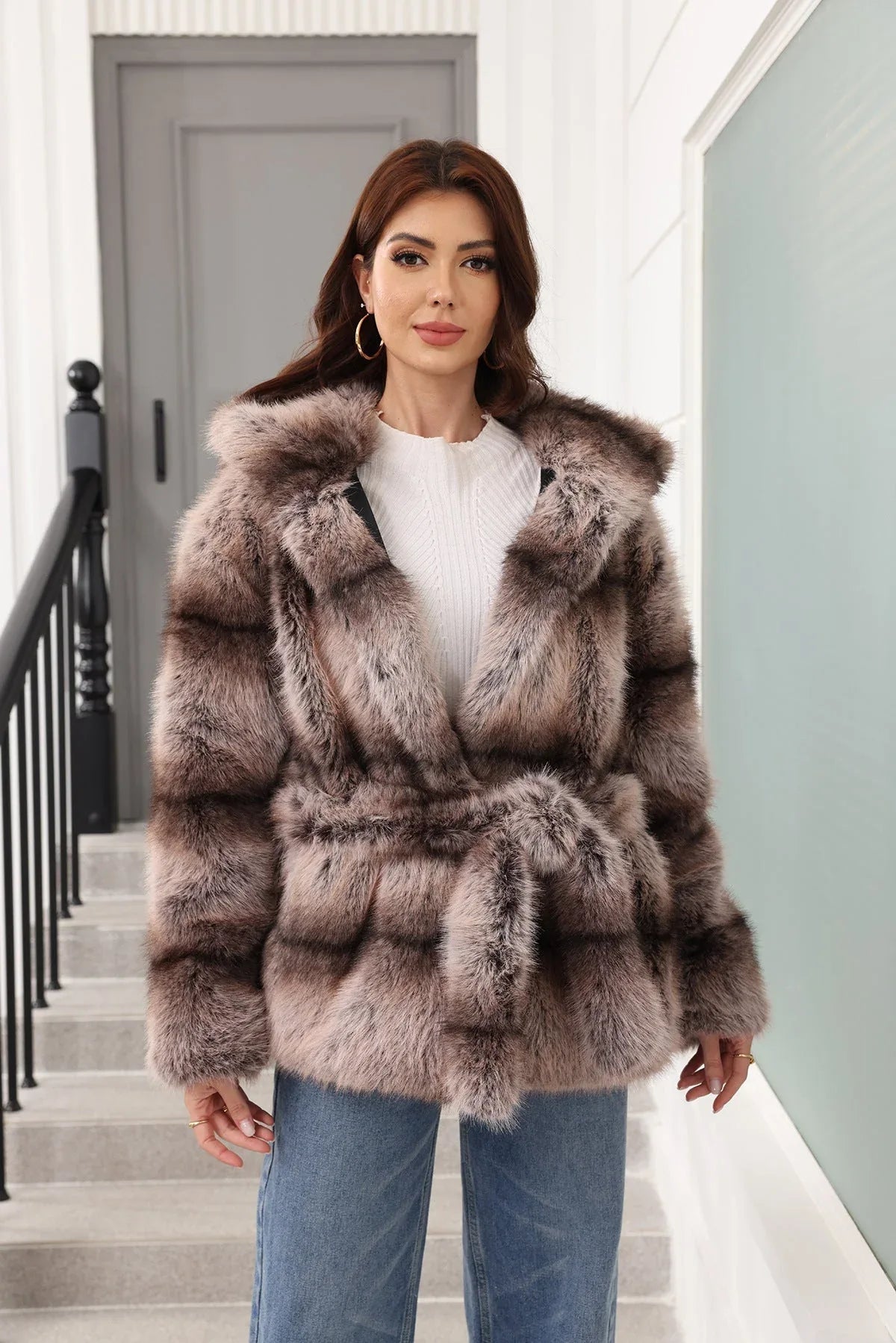 Faux fur coat with hood - View 7 | TEVQA