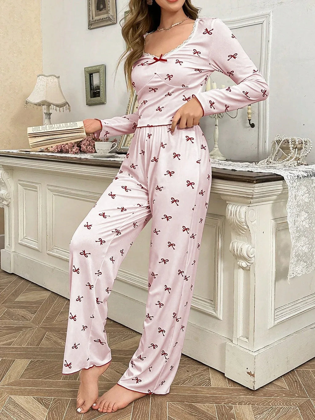 Ribbed pajama set with bow print and v-neckline - View 7 | TEVQA