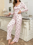 Ribbed pajama set with bow print and v-neckline - View 7 | TEVQA