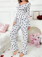 Ribbed Heart Print Pajama Set - View 12 | TEVQA