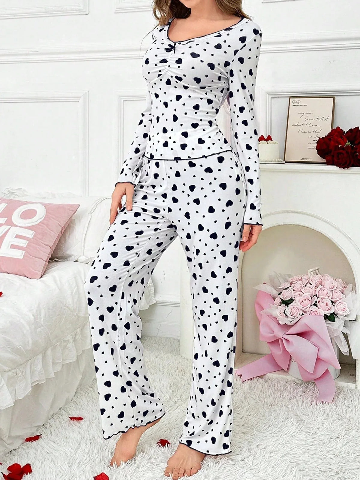 Ribbed Heart Print Pajama Set - View 12 | TEVQA