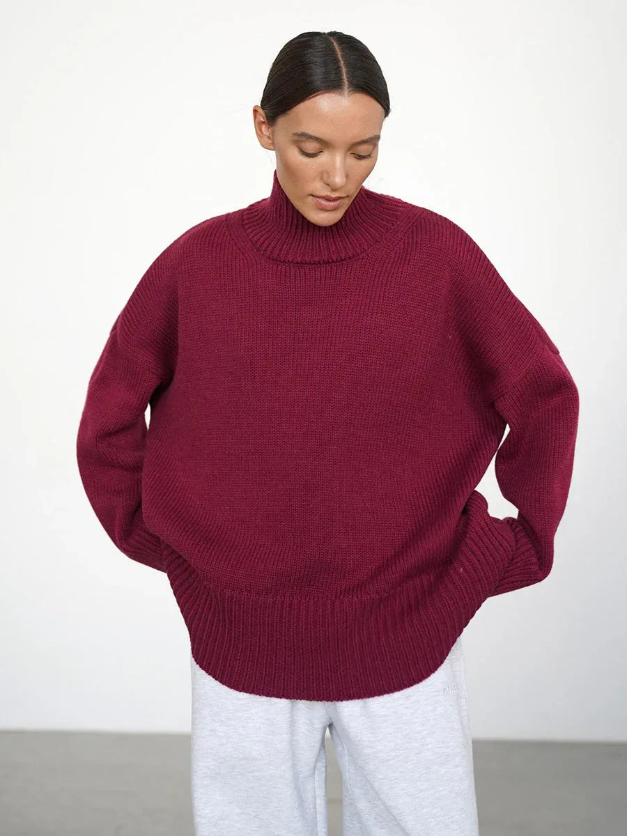 Effortless Oversized High-Neck Ribbed Knit Sweater - TEVQA