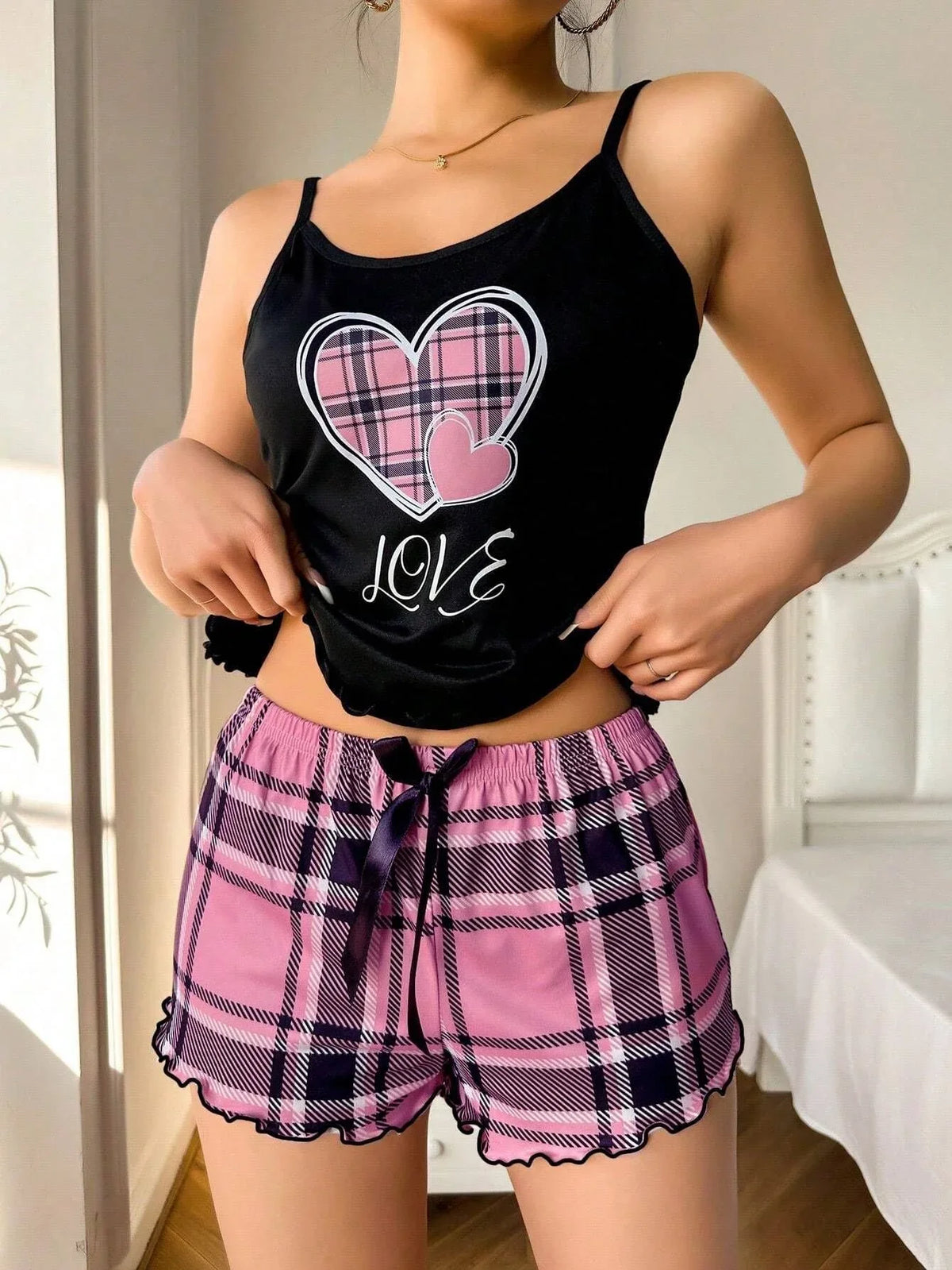 Plaid Heart Print Cami & Shorts Set - View 11 | TEVQA