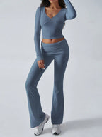 V-Neck Crop Top and Fold-Over Flare Pants Set - View 21 | TEVQA