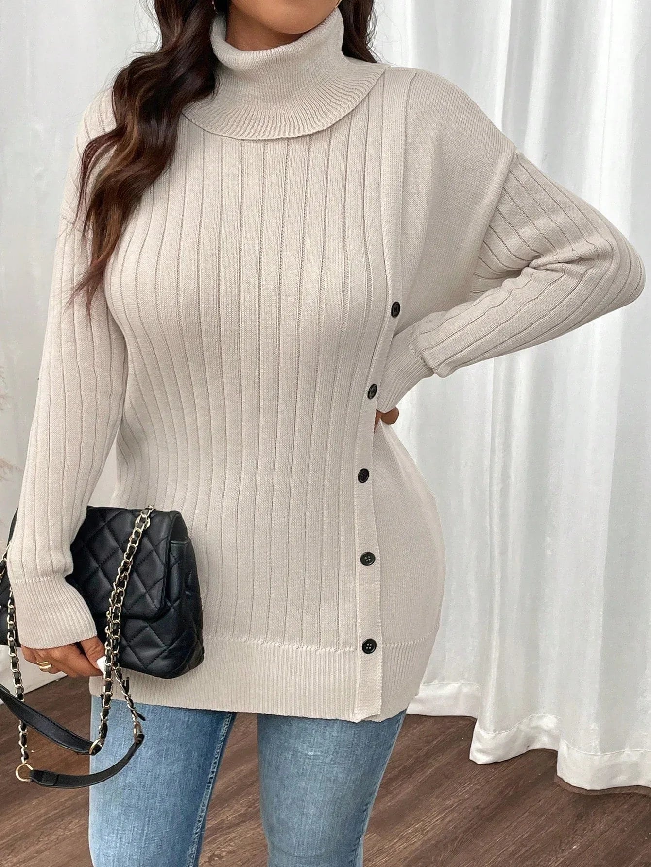 Vanilla Cream Side Button Turtleneck Sweater - TEVQA