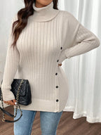 Vanilla Cream Side Button Turtleneck Sweater - TEVQA