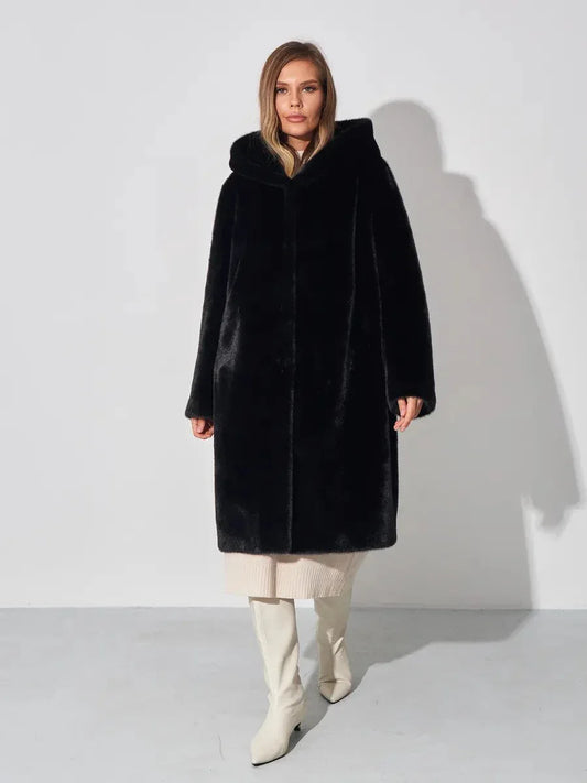 Midnight Luxe Faux Mink Hooded Coat - TEVQA
