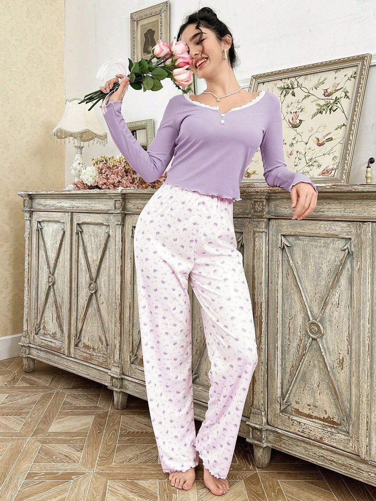 Ribbed knit pajama set with lace trim henley top and crown print bottoms - View 35 | TEVQA