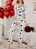 Ribbed Heart Print Pajama Set - View 15 | TEVQA