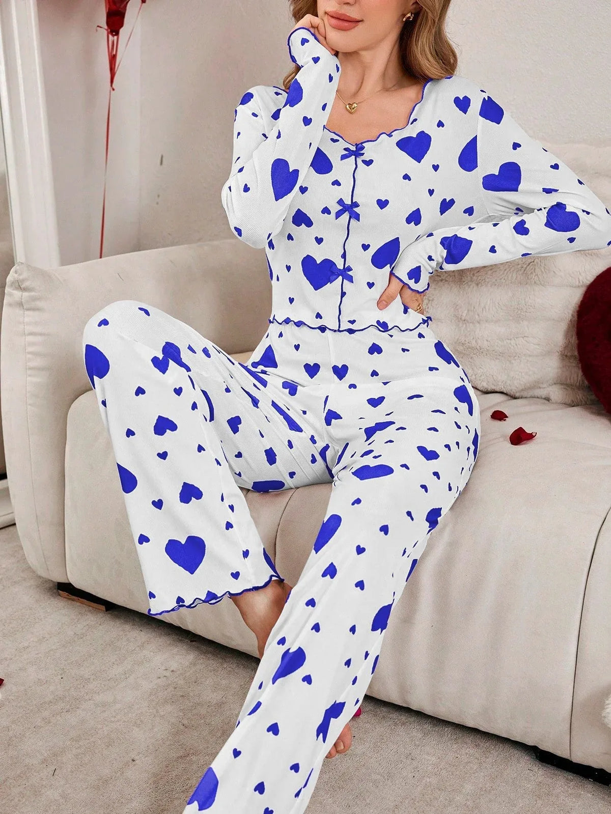Ribbed Heart Print Pajama Set - View 30 | TEVQA
