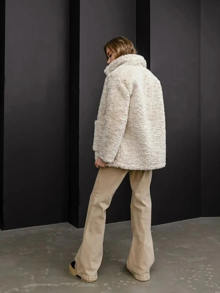 Vanilla Cream Textured Faux Rabbit Fur Coat - TEVQA