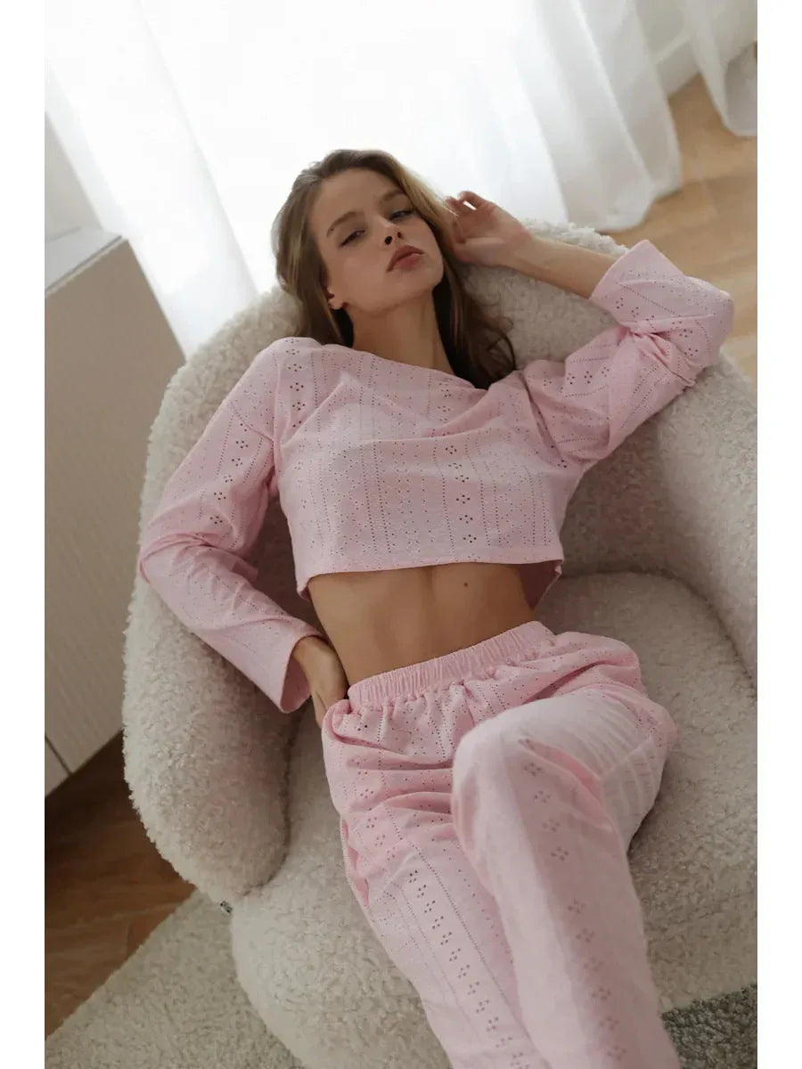 Coquette Aesthetic Pink Eyelet Lounge Set - TEVQA Main image