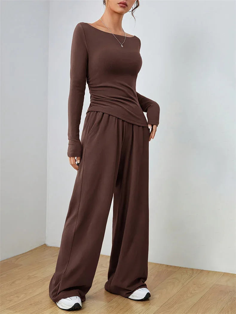 Women's Boat Neck Wide Leg Two-Piece Set - View 23 | TEVQA