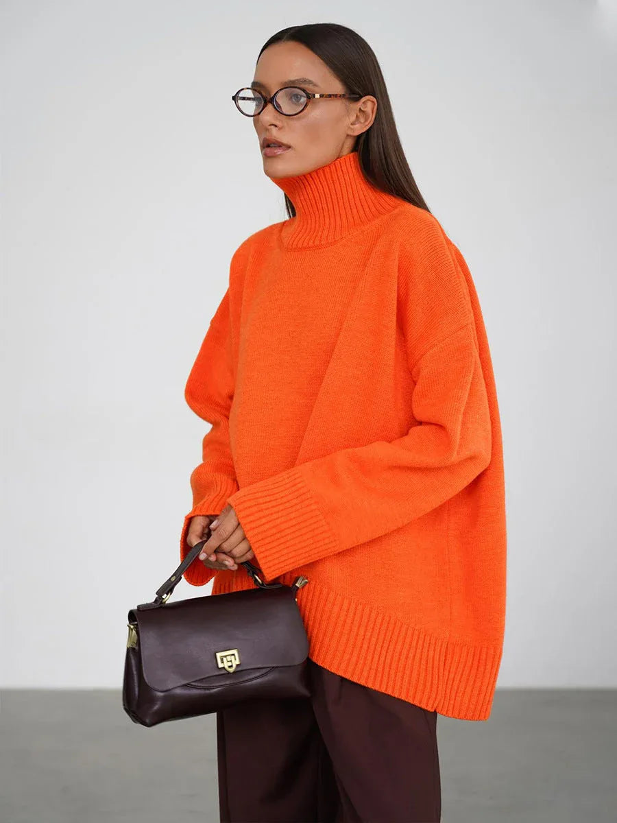 Effortless Oversized High-Neck Ribbed Knit Sweater - TEVQA
