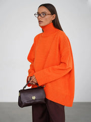 Effortless Oversized High-Neck Ribbed Knit Sweater - TEVQA