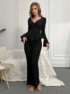 Ribbed Peplum Knit Lounge Set - View 7 | TEVQA