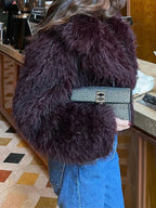 Vamp Burgundy Shaggy Faux Fur Cropped Jacket - TEVQA