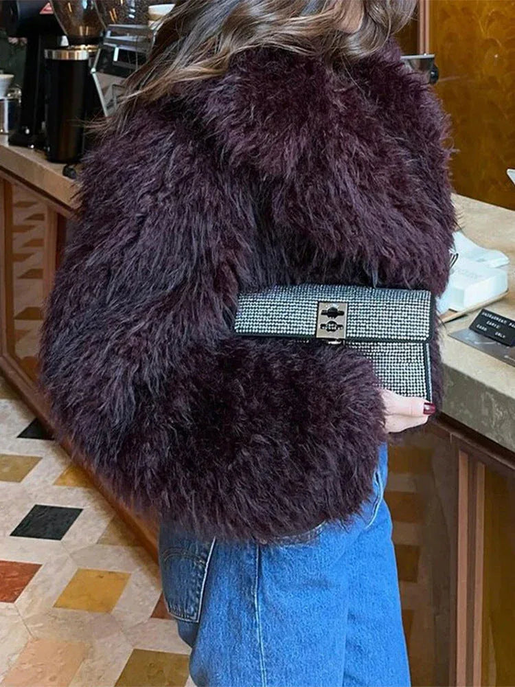 Vamp Burgundy Shaggy Faux Fur Cropped Jacket - TEVQA