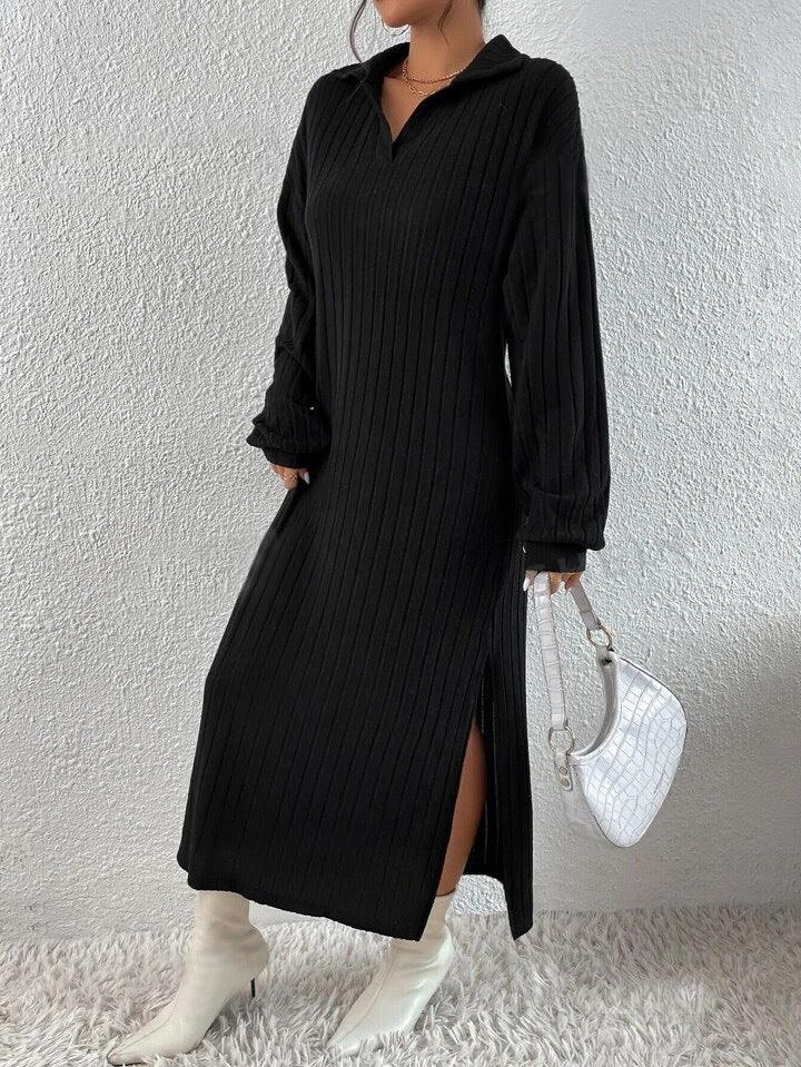 Ribbed Knit Polo Maxi Dress - View 7 | TEVQA