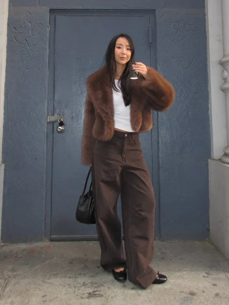 Plush faux fur cropped jacket with oversized lapels - View 9 | TEVQA
