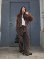 Plush faux fur cropped jacket with oversized lapels - View 9 | TEVQA